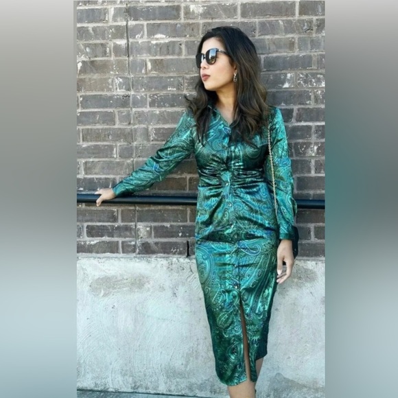 ZARA green satin paisley print ruched shirt dress size large - Picture 2 of 7